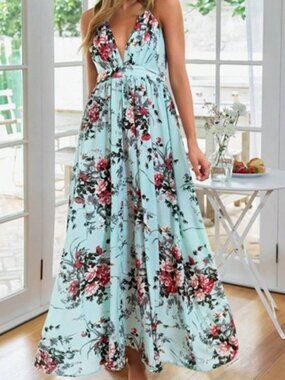 New Shein Floral, Criss Cross Backless Maxi Dress - Size Small 4/6